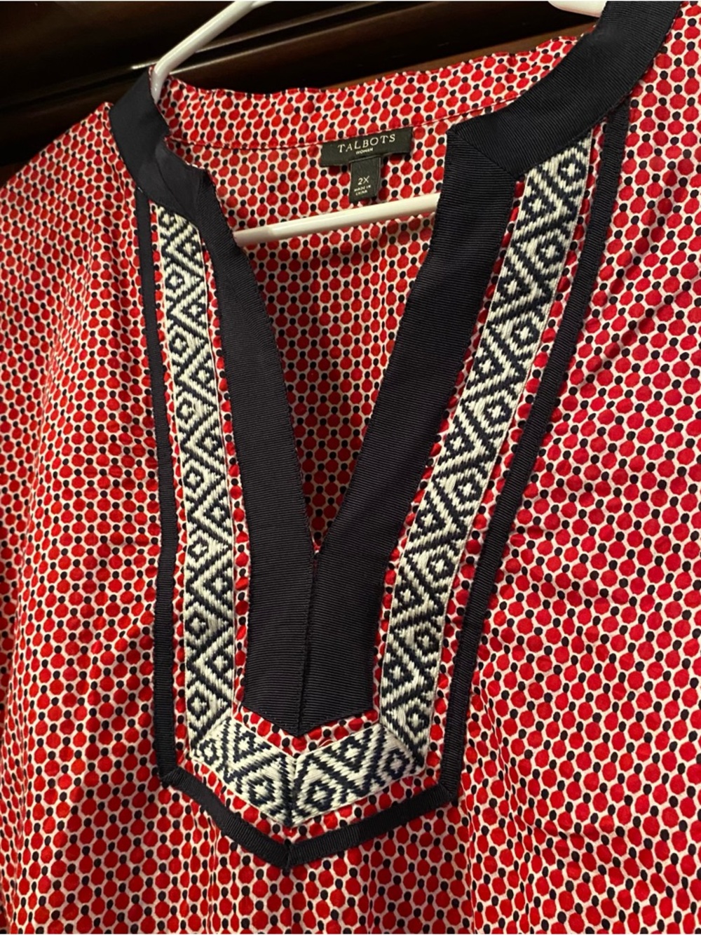 Talbots Red and Navy Printed Tunic with Embroidered Placket - Picture 3 of 7